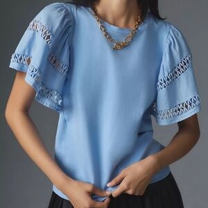 ANTHROLOPOLOGIE SELF CONTRAST FLUTTER-SLEEVE CUTWORK TOP - BLUE - MEDIUM